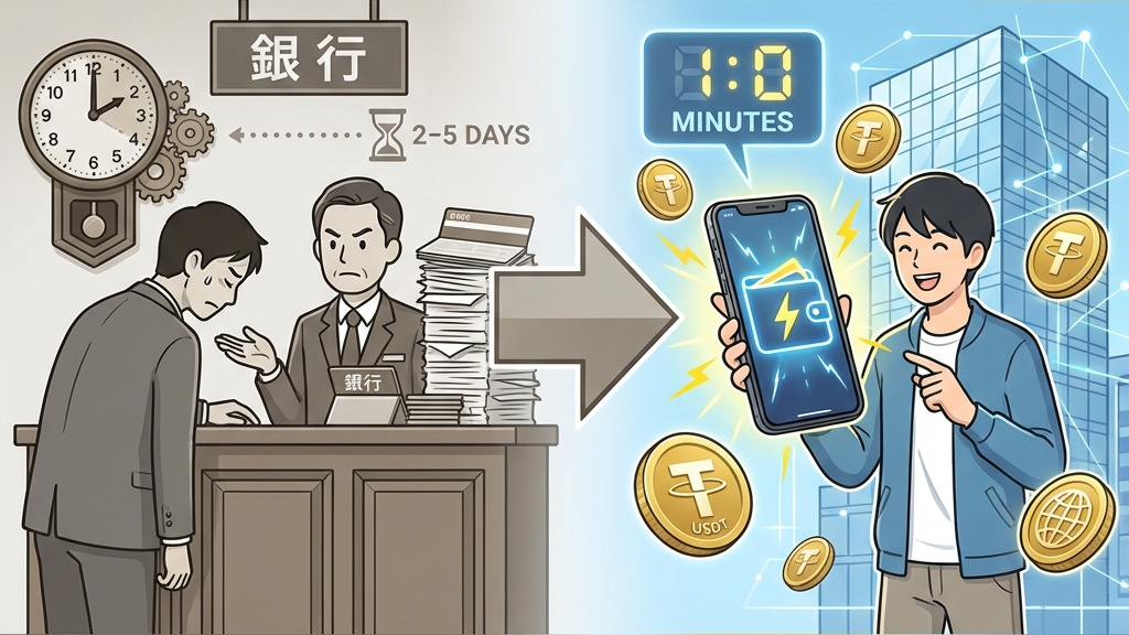 銀行送金から暗号資産決済への転換イメージ