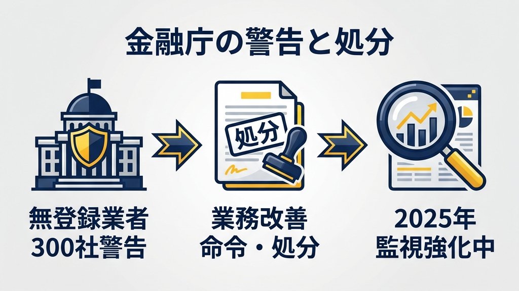 金融庁の警告と処分インフォグラフィック：300社警告・業務改善命令・2025年監視強化