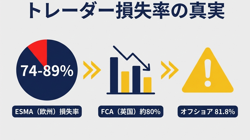 FXトレーダー損失率の統計インフォグラフィック：ESMA74-89%、FCA80%、オフショア81.8%