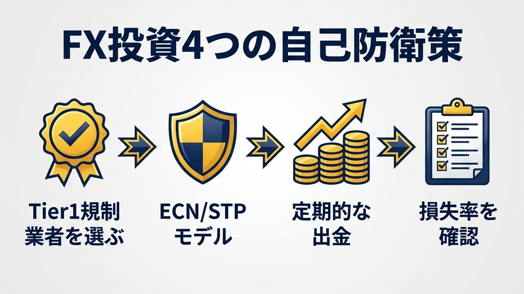FX自己防衛の4原則インフォグラフィック：Tier1規制業者選択・ECN/STPモデル優先・定期的出金・損失率確認