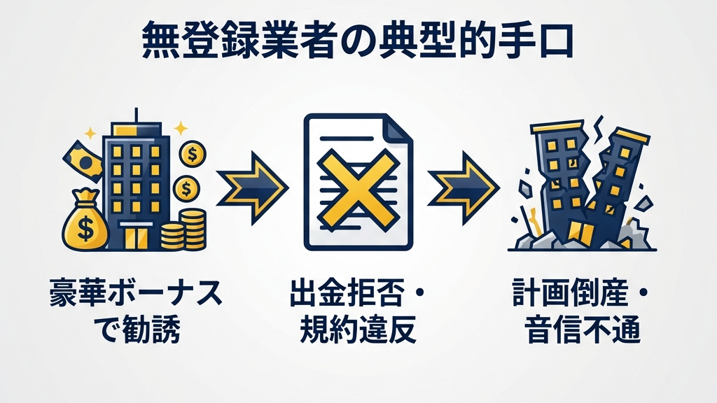 無登録業者の典型的手口インフォグラフィック：豪華ボーナス勧誘→出金拒否→計画倒産