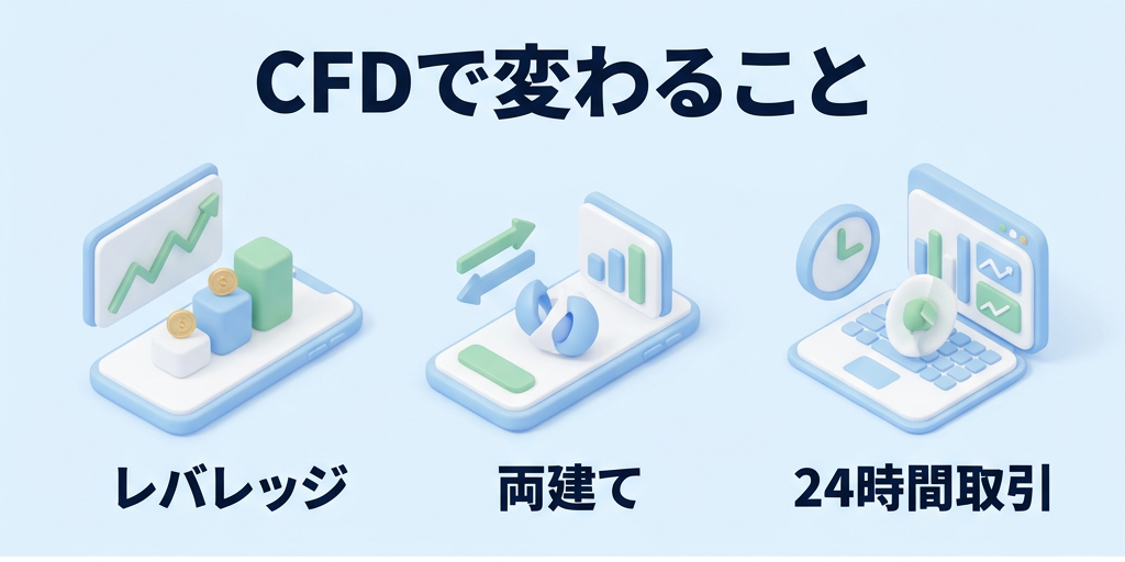 3. CFDなら何が変わるのか——レバレッジ・両建て・24時間取引